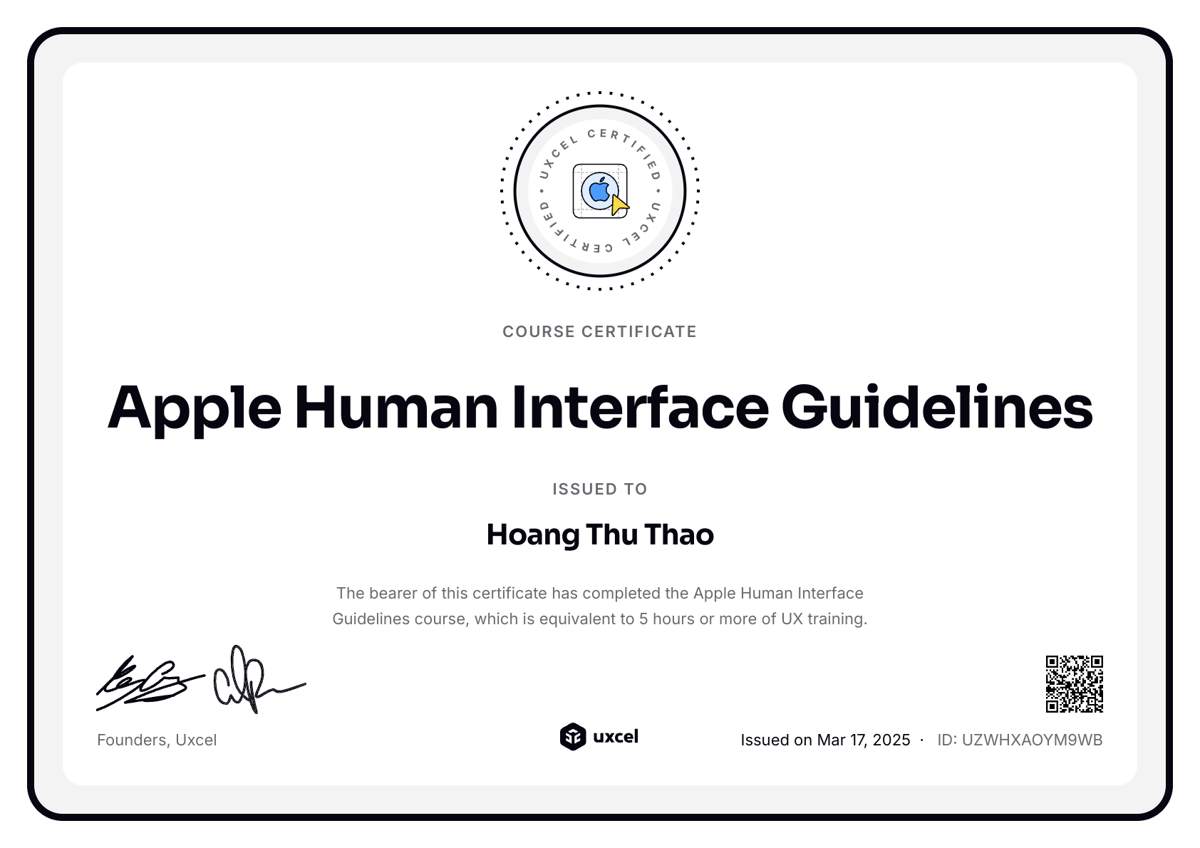Hoang Thu Thao's certificate